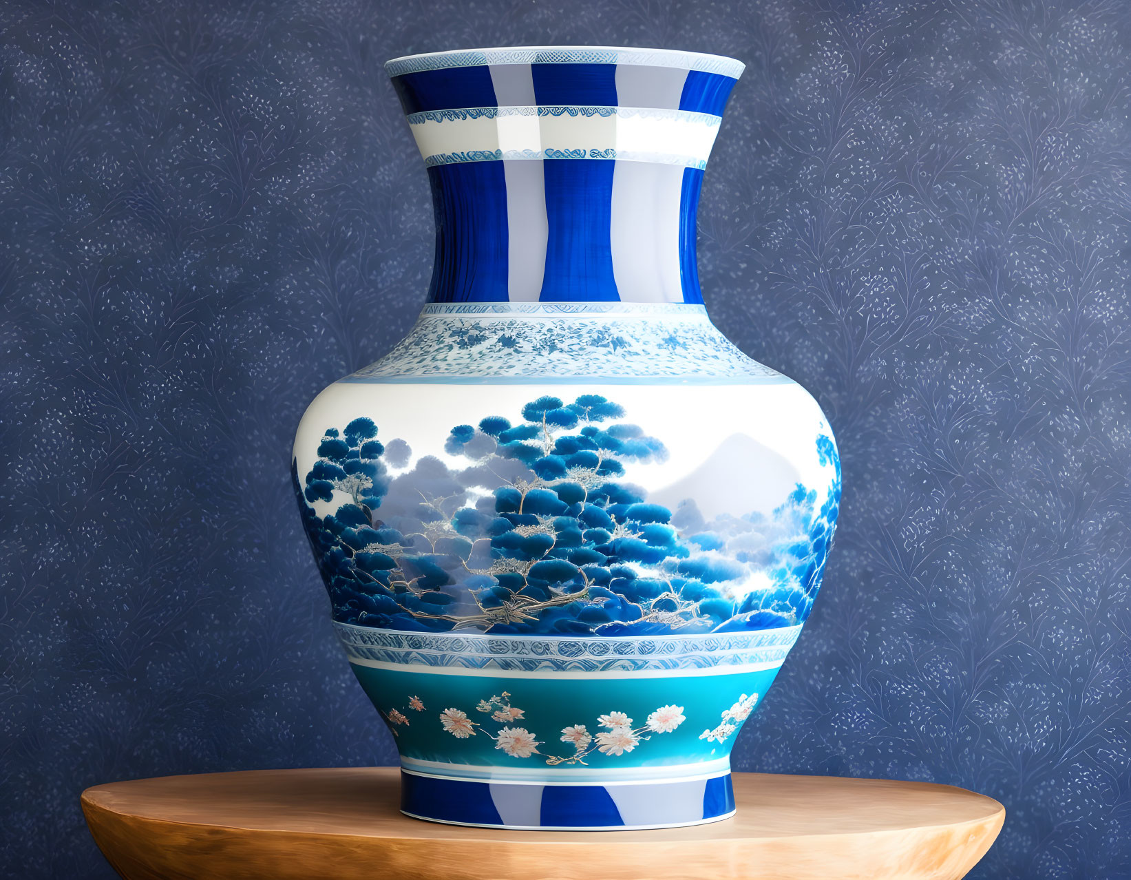 Blue and White Porcelain Vase with Floral and Mountain Designs on Wooden Stand