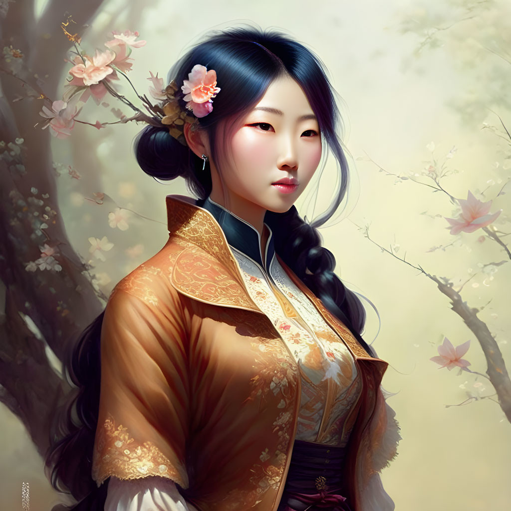 Illustrated portrait of woman with long black hair and flowers in traditional clothing against blooming branches.