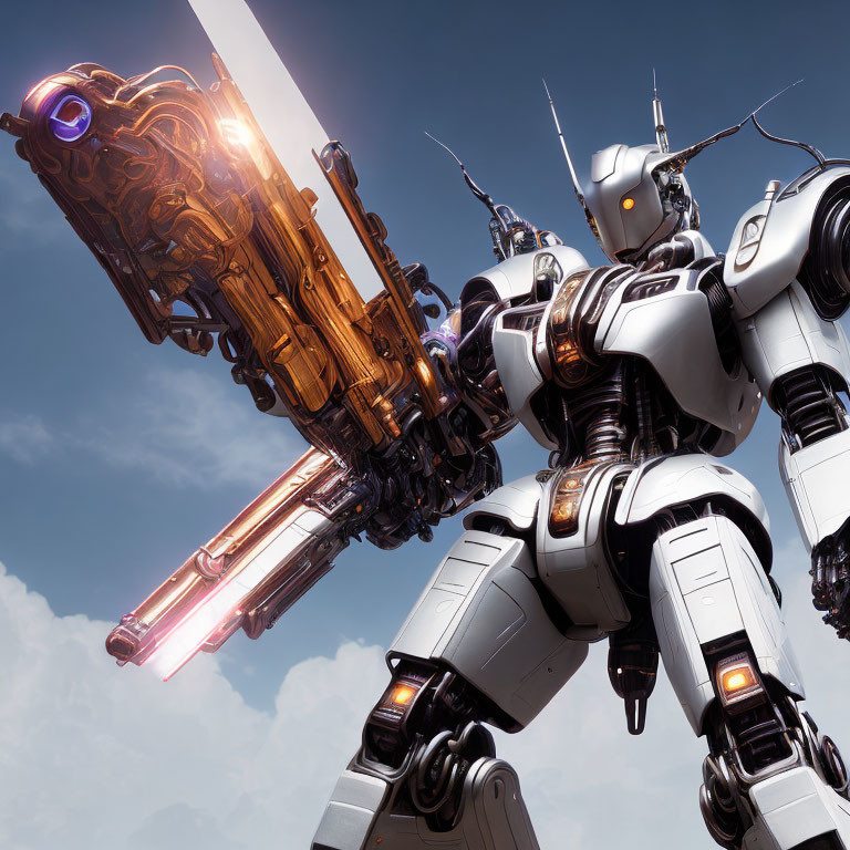 Intricate designs of two towering robots with glowing weapons against clear sky