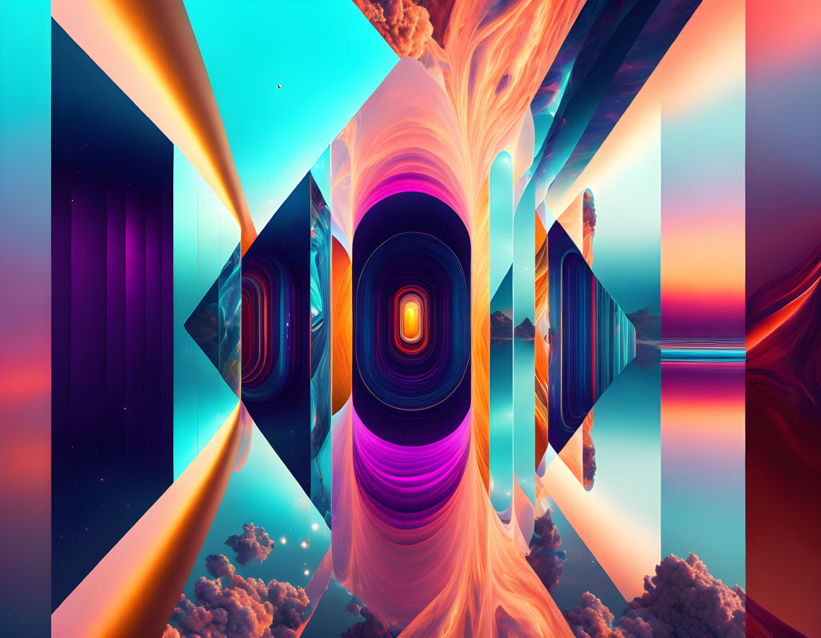 Vibrant geometric shapes in symmetrical tunnel illusion on cloudy sky