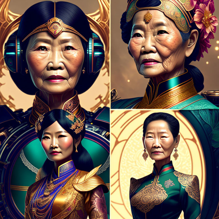 Stylized portraits of Asian woman in traditional attire with futuristic elements