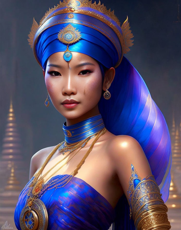 Digital artwork featuring woman in blue and gold traditional attire with enigmatic gaze.