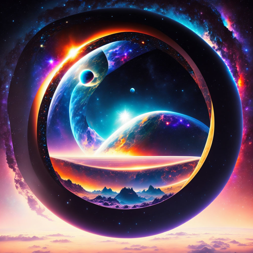 Colorful cosmic yin-yang symbol surrounded by planets, stars, and galaxy in vibrant scene