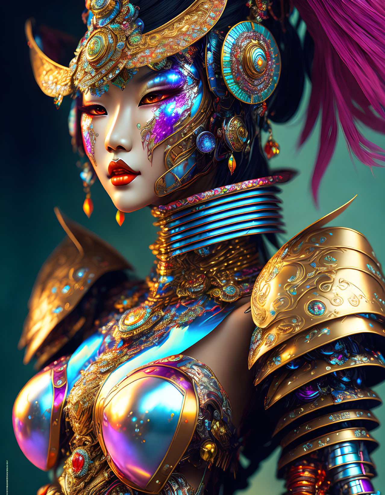 Detailed digital artwork: Person with ornate golden headdress, vibrant makeup, intricate armor with gemstones