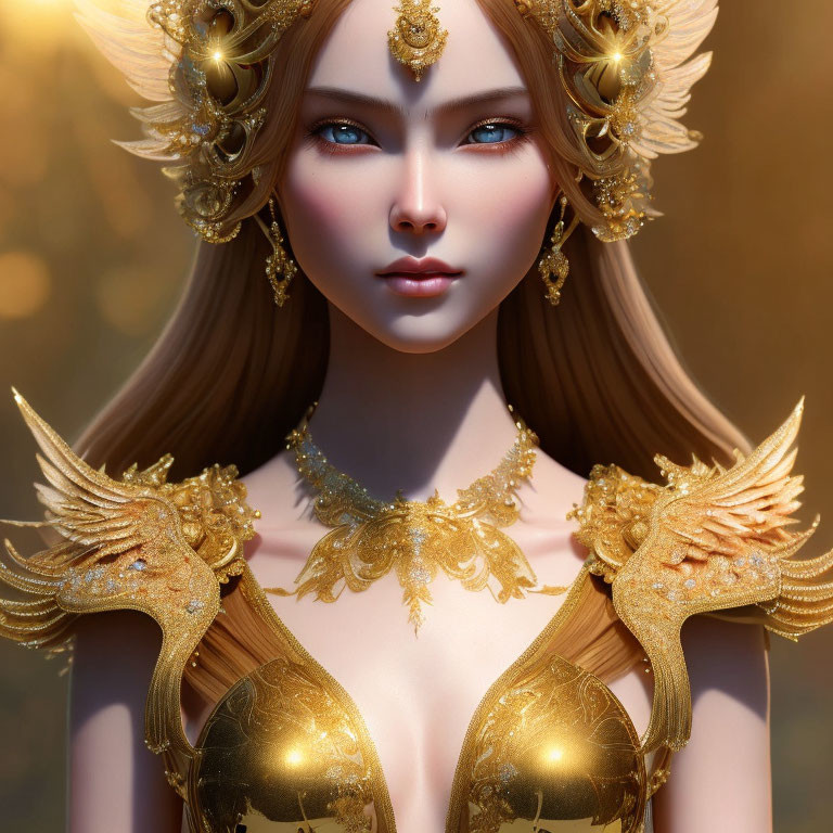 Golden-armored fantasy female character with blue eyes and ornate headpiece against blurred golden background