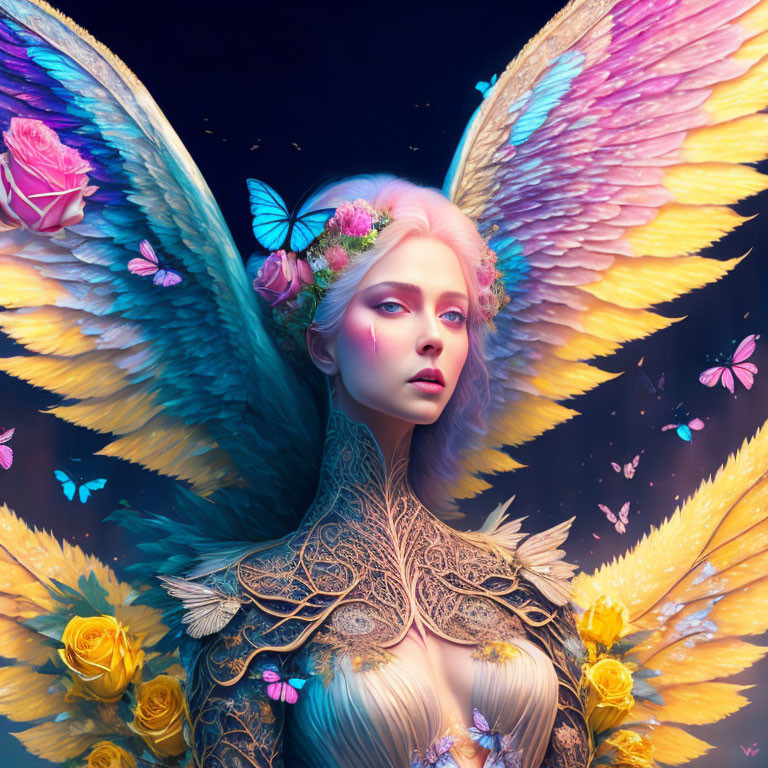 Colorful Woman with Flower Wings in Vibrant Blue Setting