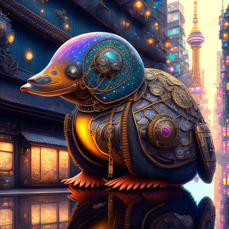 Colorful mechanical turtle in cosmic-patterned shell among neon-lit cityscape