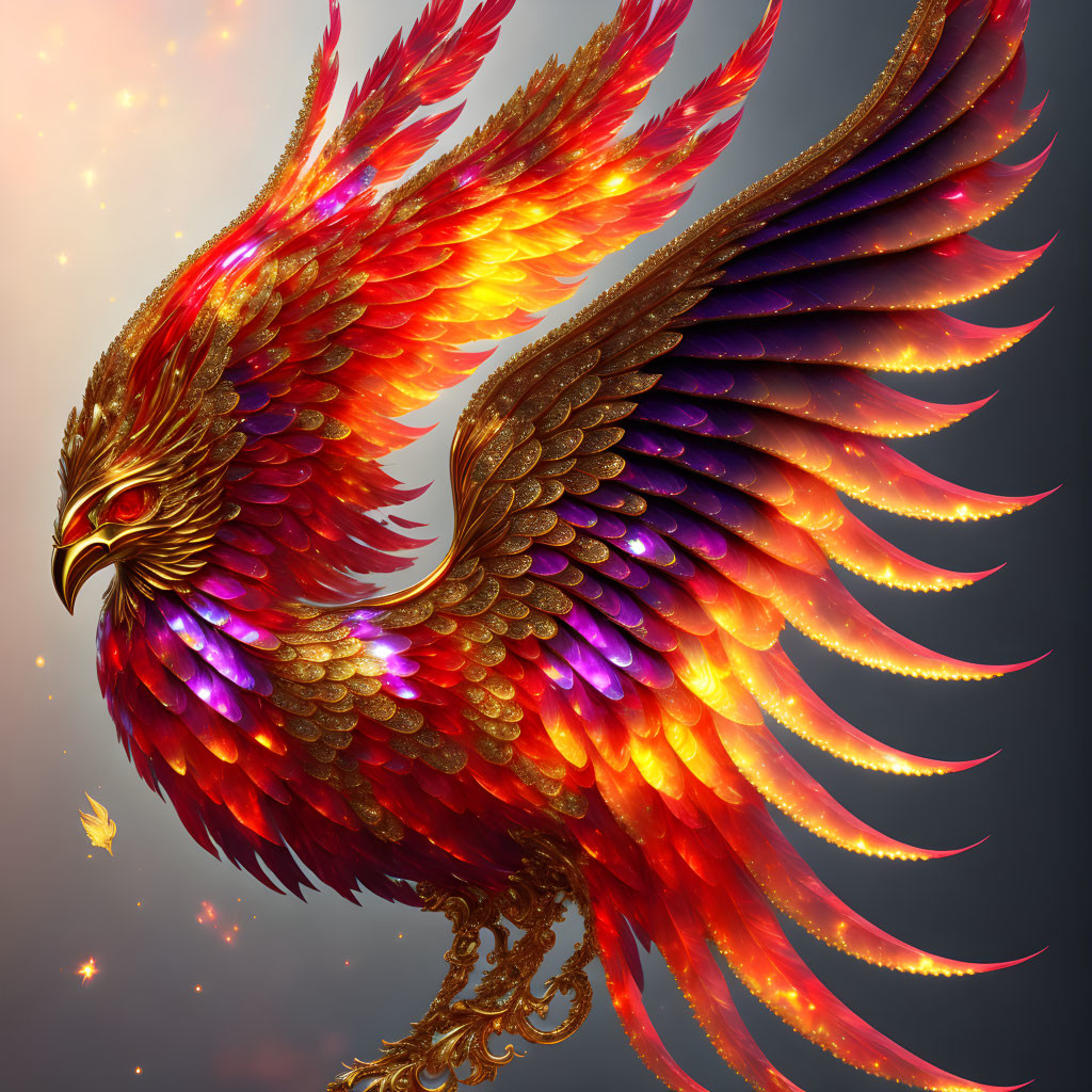 Colorful Phoenix with Spread Wings and Fiery Glow