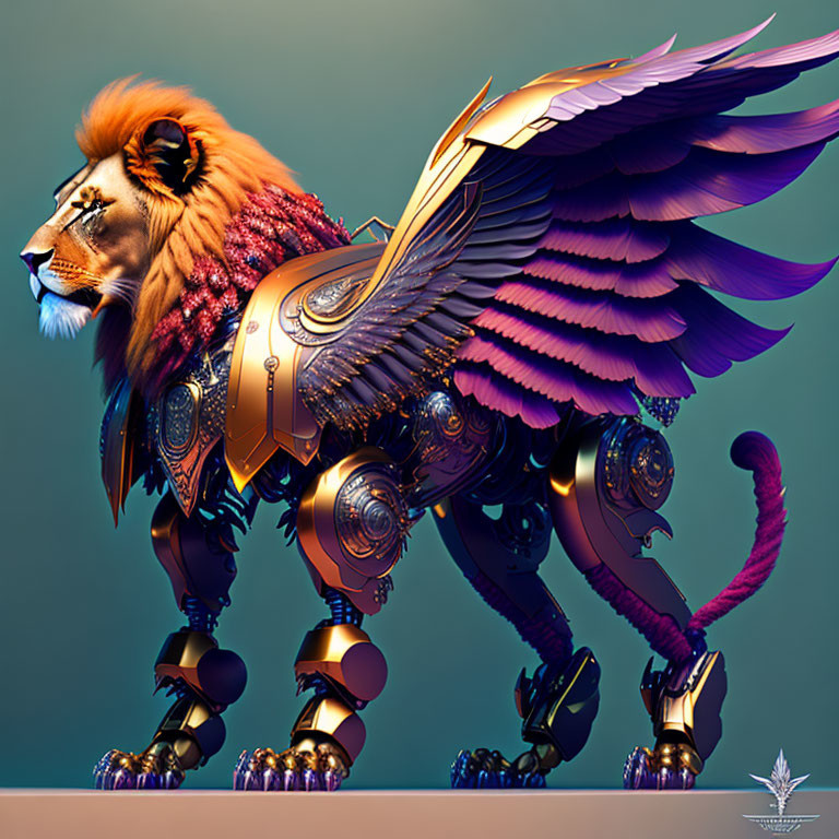 Mechanical lion with wings: intricate gears and purple feathers blend organic and cybernetic elements