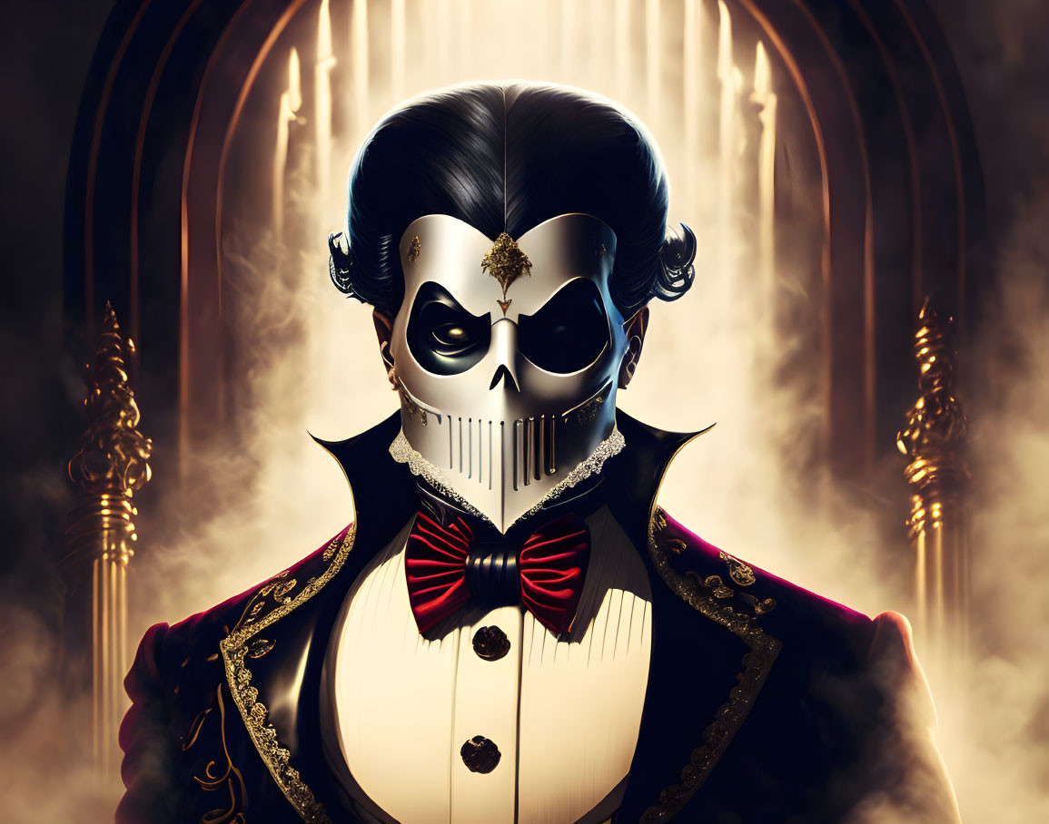 Stylized image of person in skull mask and vintage clothing against dramatic backdrop