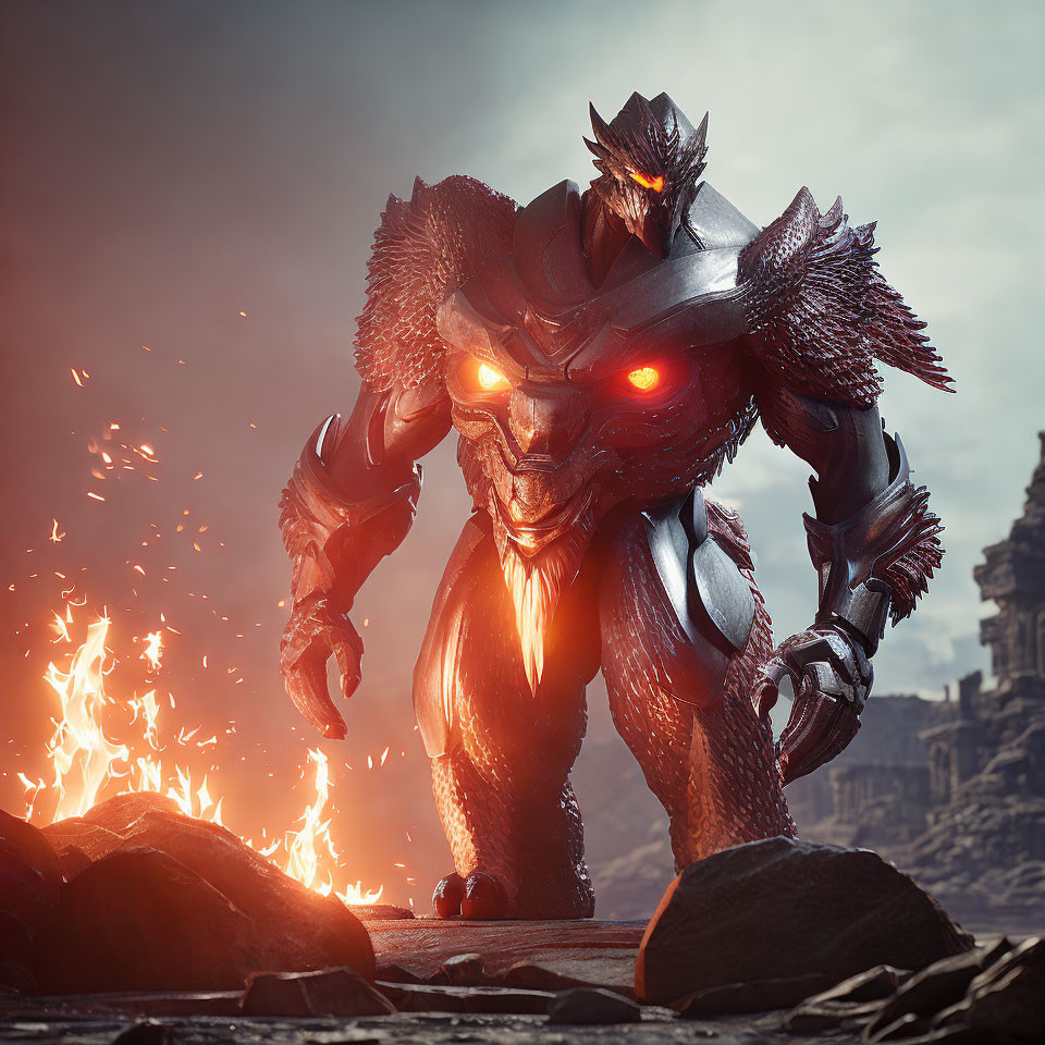 Fiery-eyed creature with spikes and armor in smoldering landscape