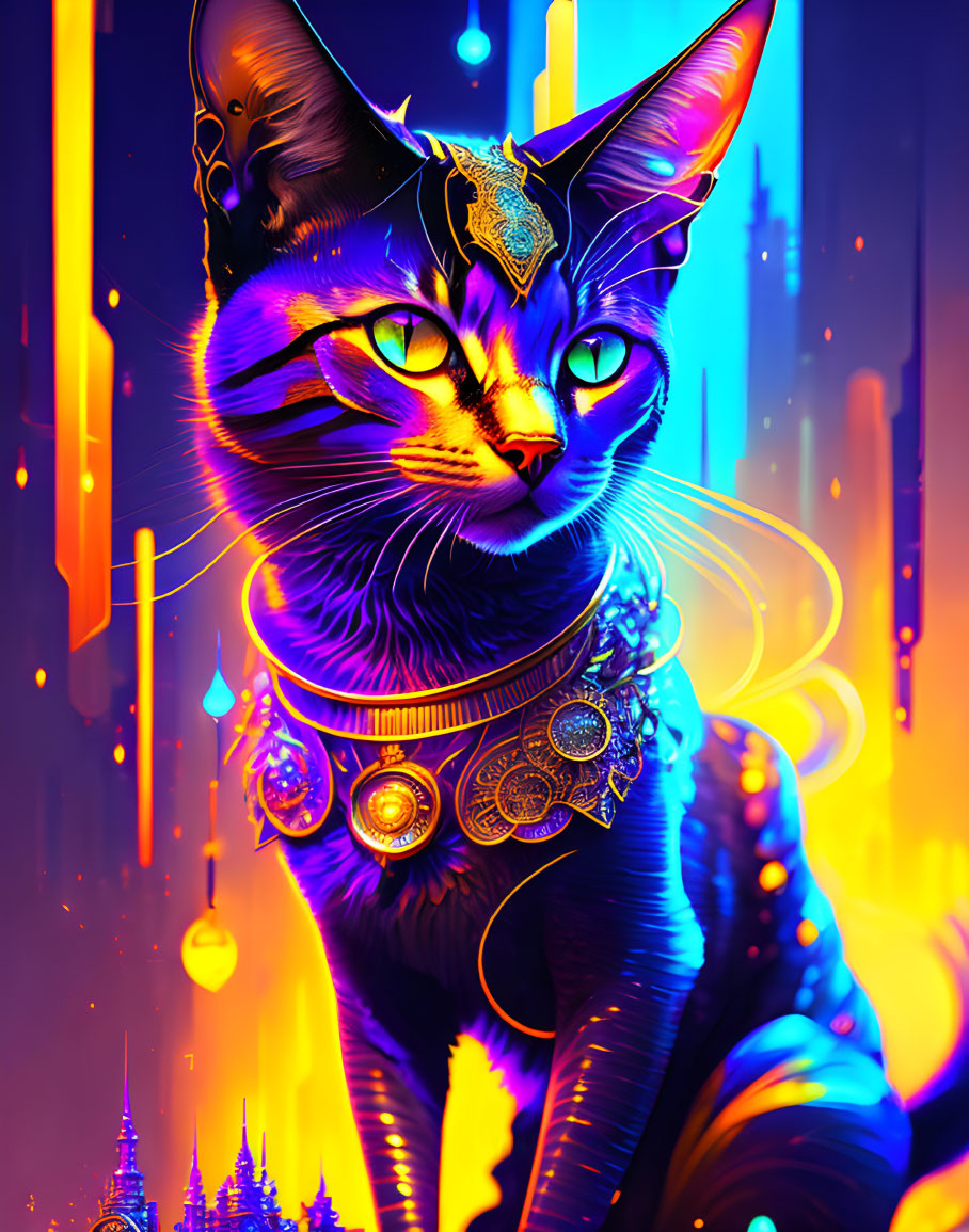 Colorful anthropomorphic cat with golden jewelry in futuristic cityscape