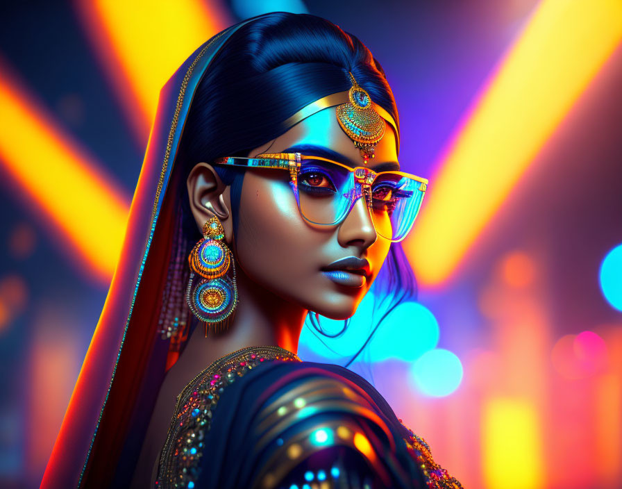 Colorful portrait of a woman with jewelry and glasses on neon-lit backdrop