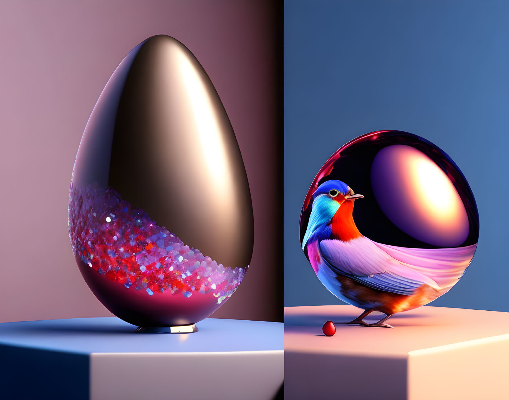 Sparkling egg on stand next to vibrant bird and glossy orb with purple and pink hues