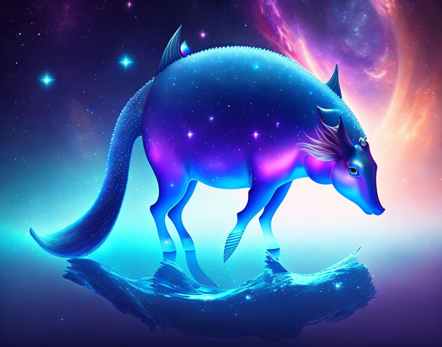Blue aardvark-like creature with cosmic pattern and fins in vibrant space scene