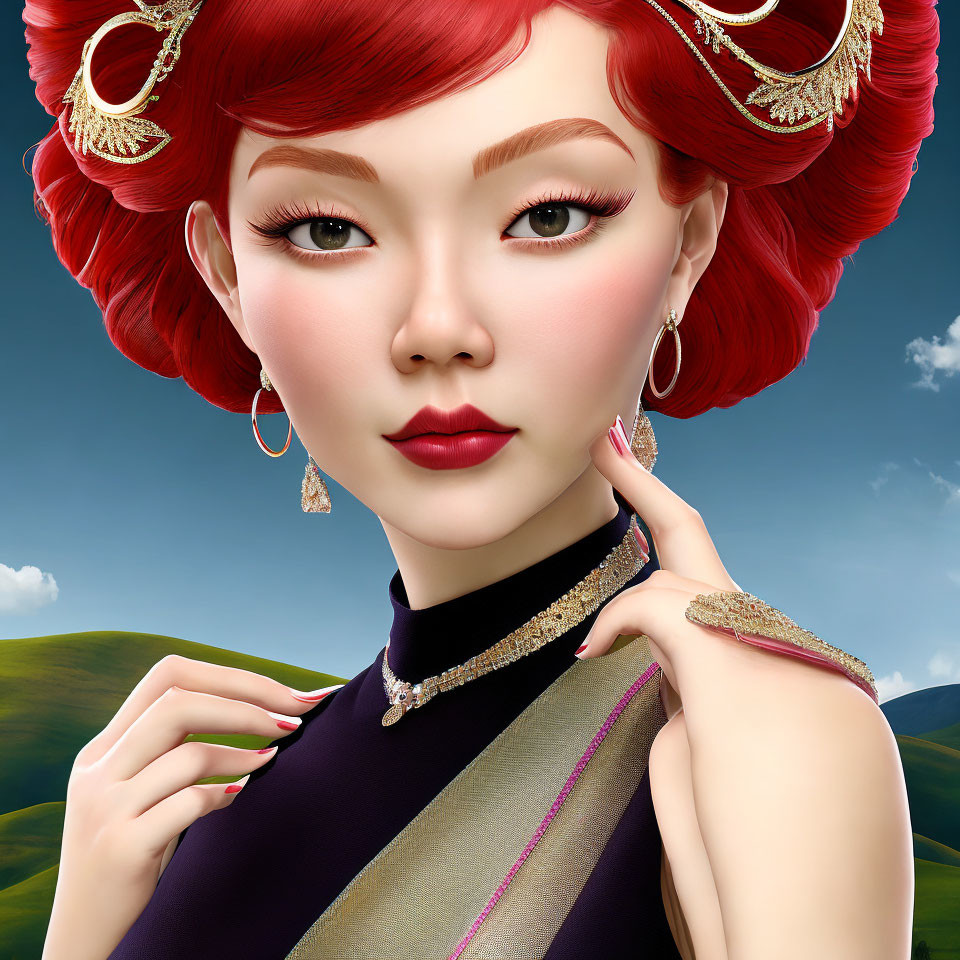 3D-rendered image of woman with red hair, golden hairpieces, and traditional attire