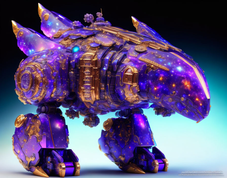 Mechanical rhino with cosmic galaxy body and golden accents