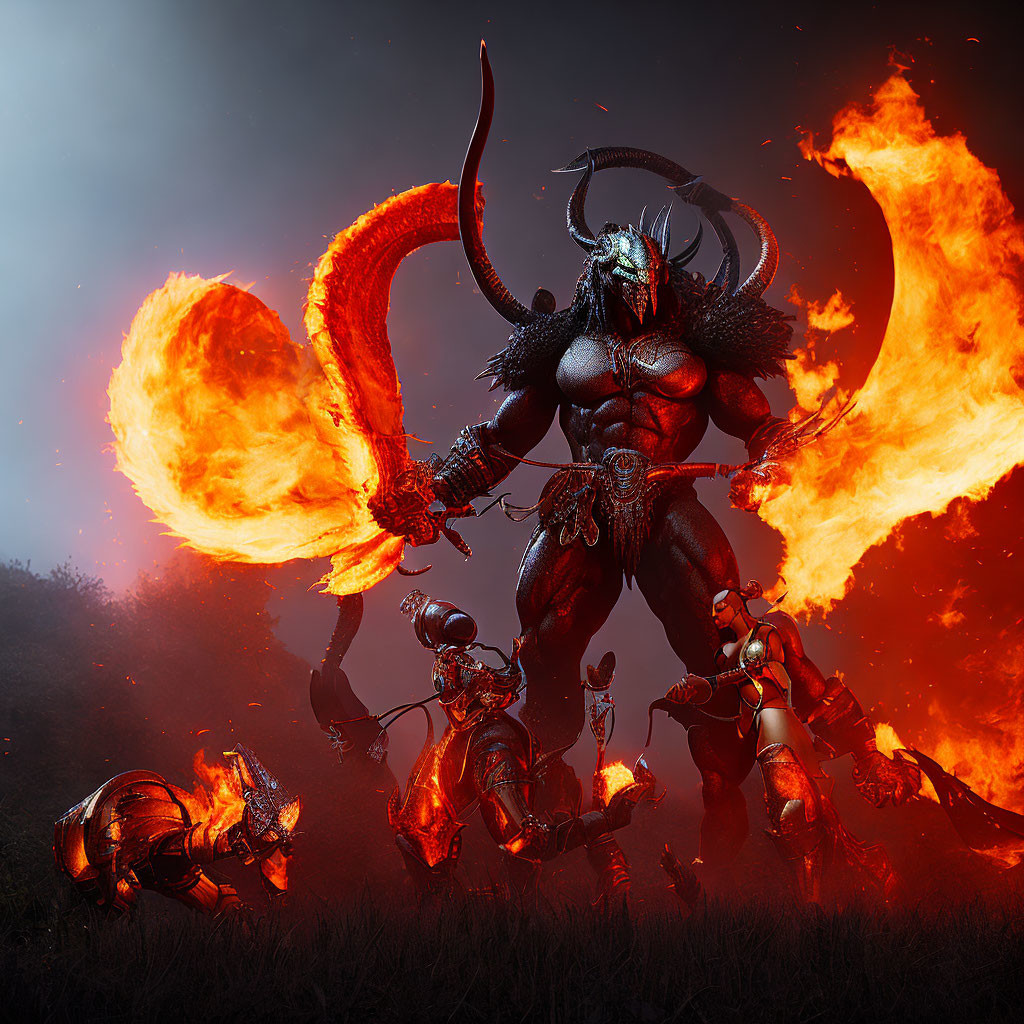 Armored warriors confront horned demon in fiery landscape