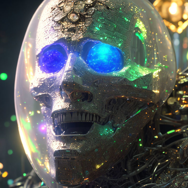 Detailed Metallic Skull with Glowing Blue Eyes