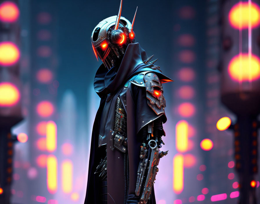 Cybernetic figure in helmet and cloak against neon cityscape