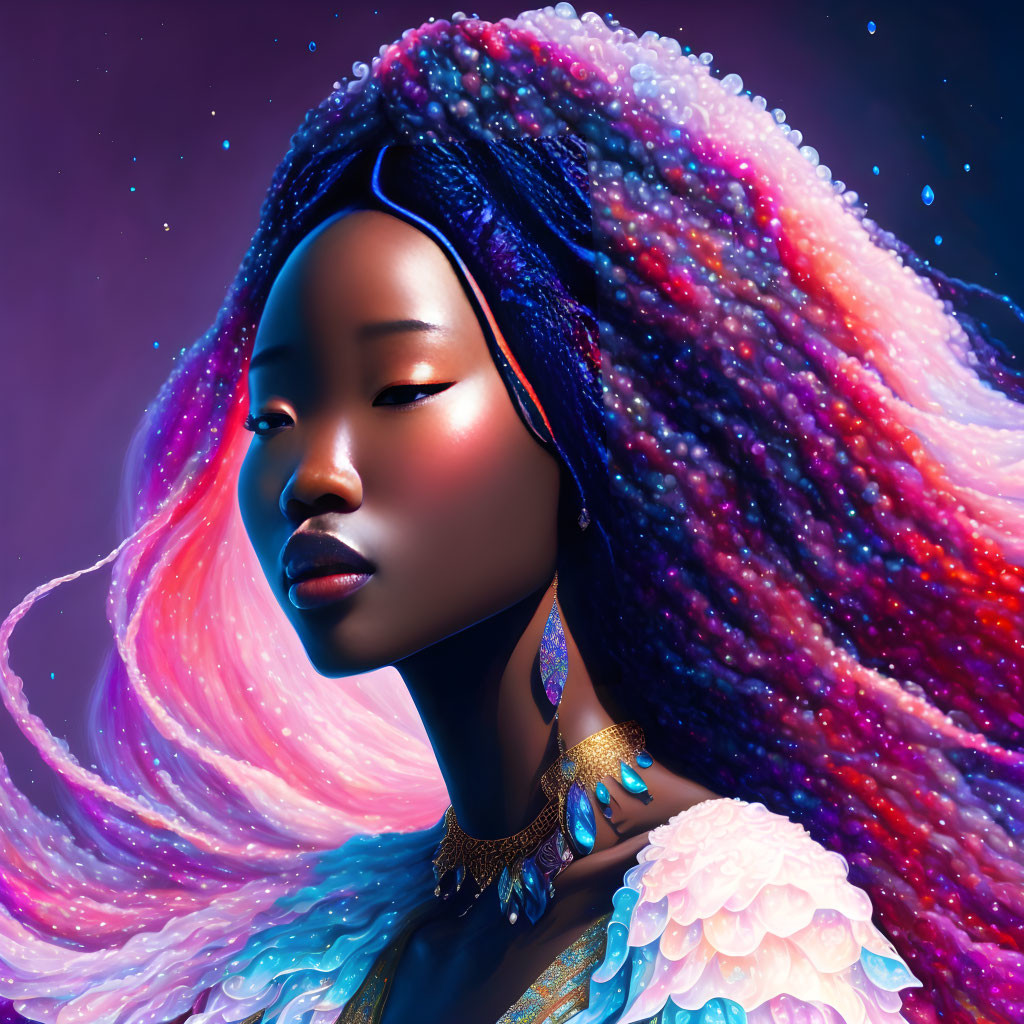 Colorful digital portrait: Woman with galaxy hair against starry backdrop