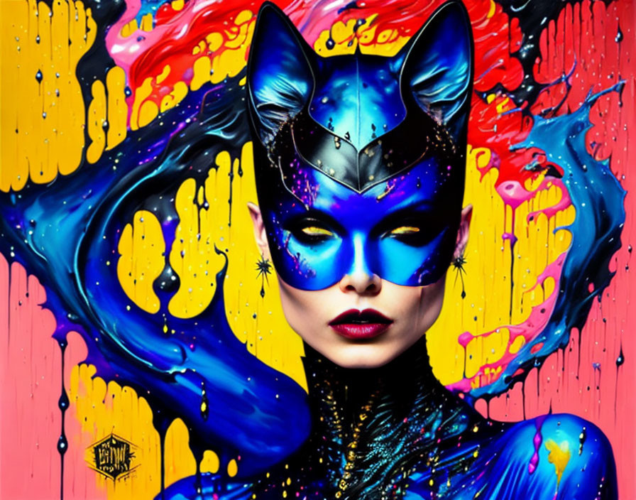 Colorful Artwork: Person with Cat Mask in Vibrant Blue and Yellow Splashes