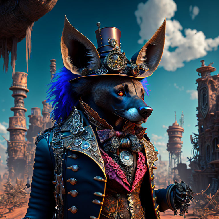 Steampunk fox character in ornate outfit against fantasy backdrop