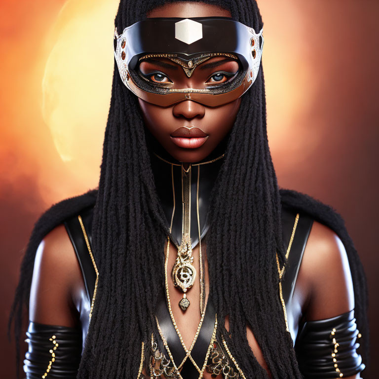 Portrait of woman with braided hair and futuristic visor against fiery backdrop