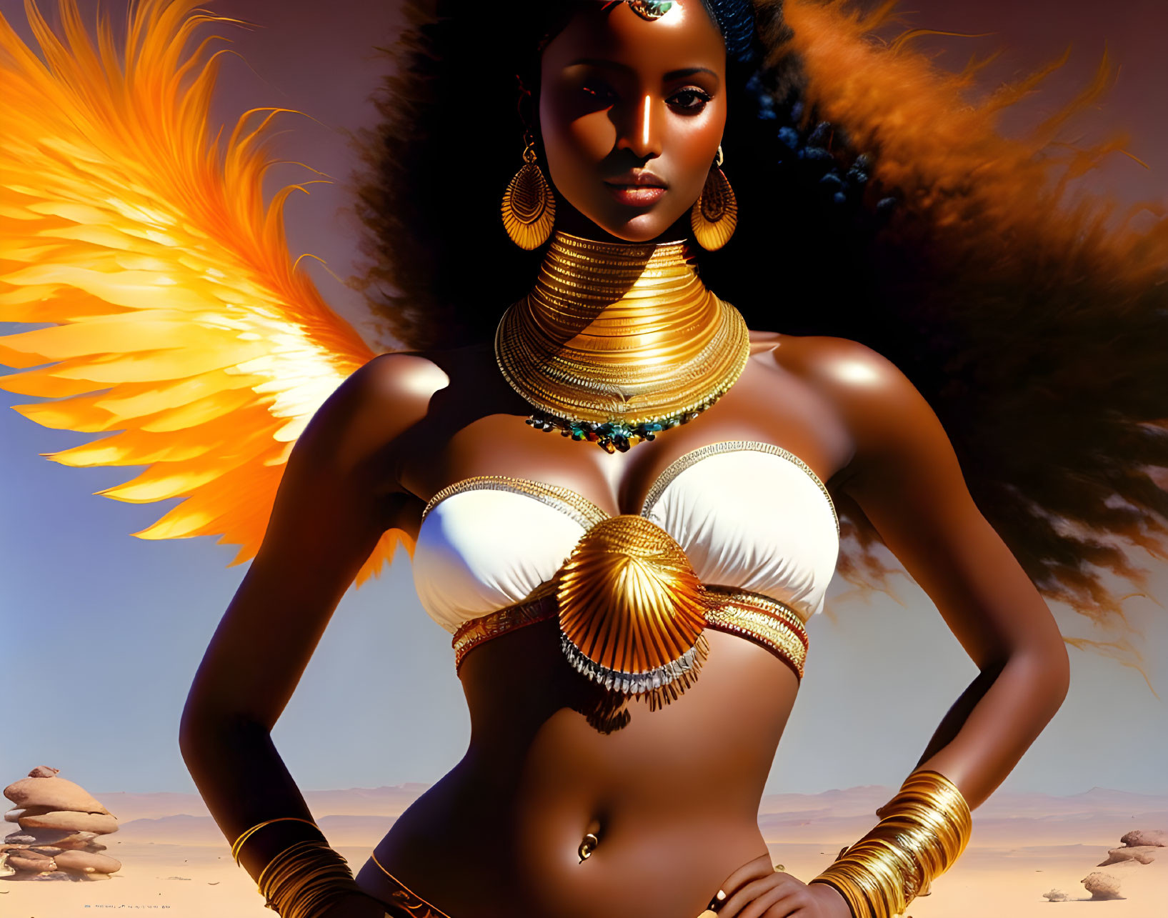 Digital Artwork: Dark-skinned Woman in Gold Jewelry, White Attire, and Fiery Wings