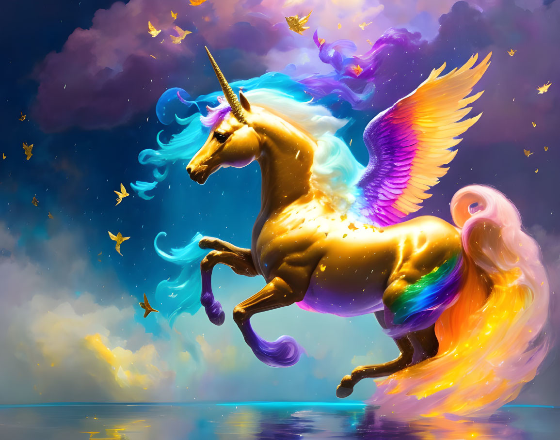 Colorful Digital Art: Mythical Unicorn with Rainbow Wings Soaring in Sky