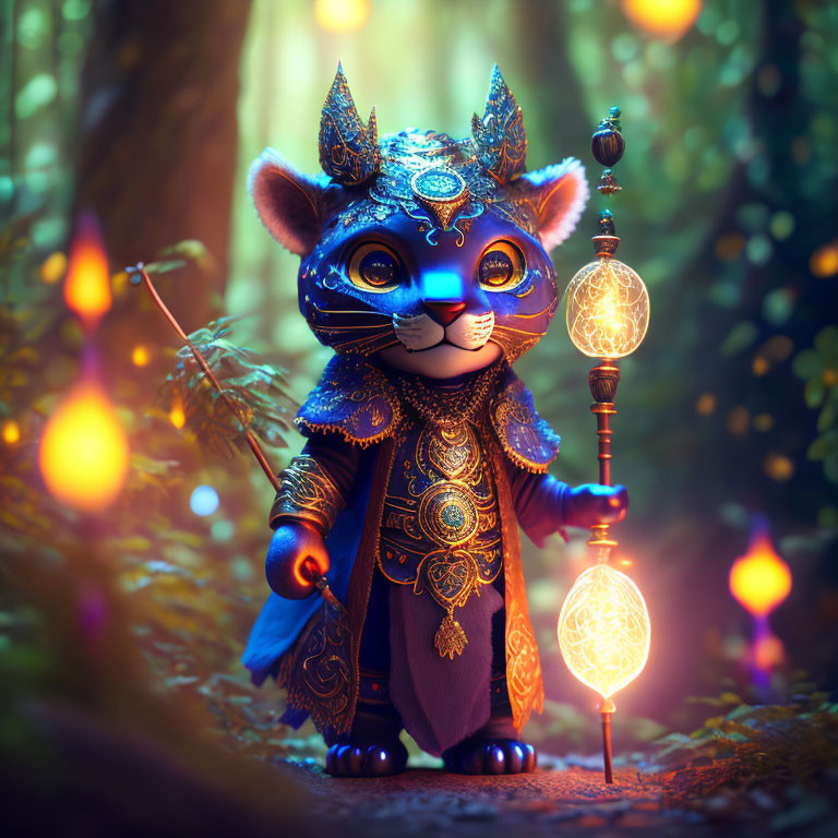 Illustration of majestic cat in mystical forest with glowing staff and ornate armor