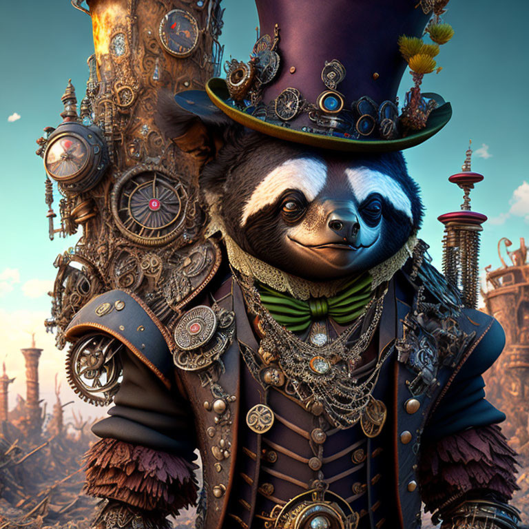 Steampunk panda in top hat and clock-adorned jacket on mechanical backdrop