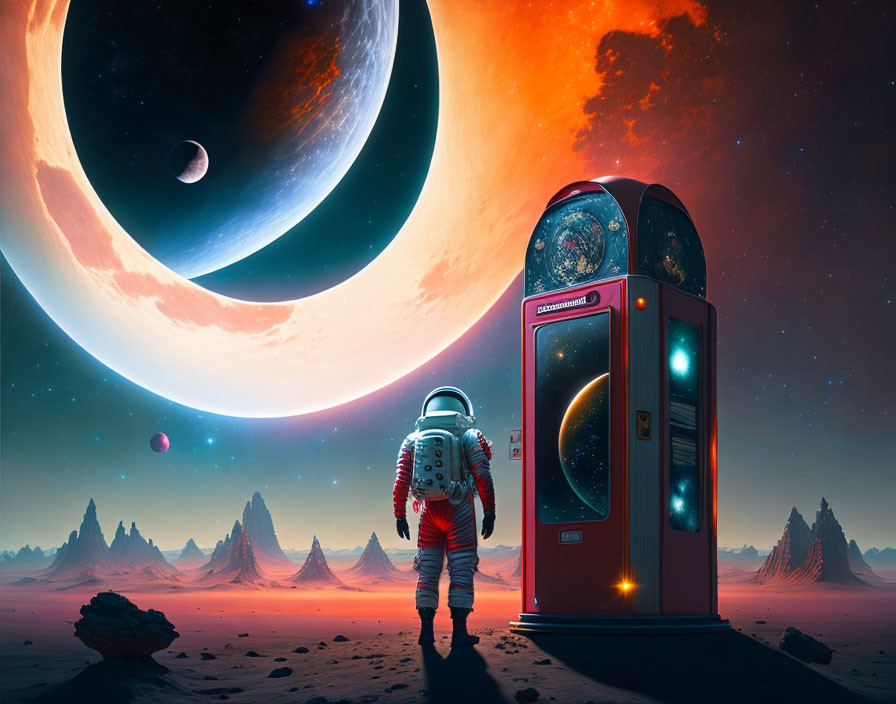 Astronaut at vintage phone booth on alien desert planet with massive rings and moons.