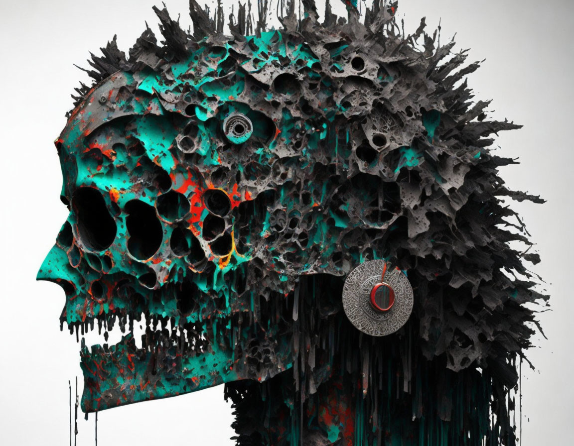 Colorful Skull Sculpture with Intricate Texture and Spiky Adornments