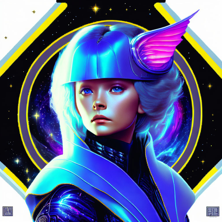 Futuristic digital portrait of woman in winged helmet against cosmic backdrop