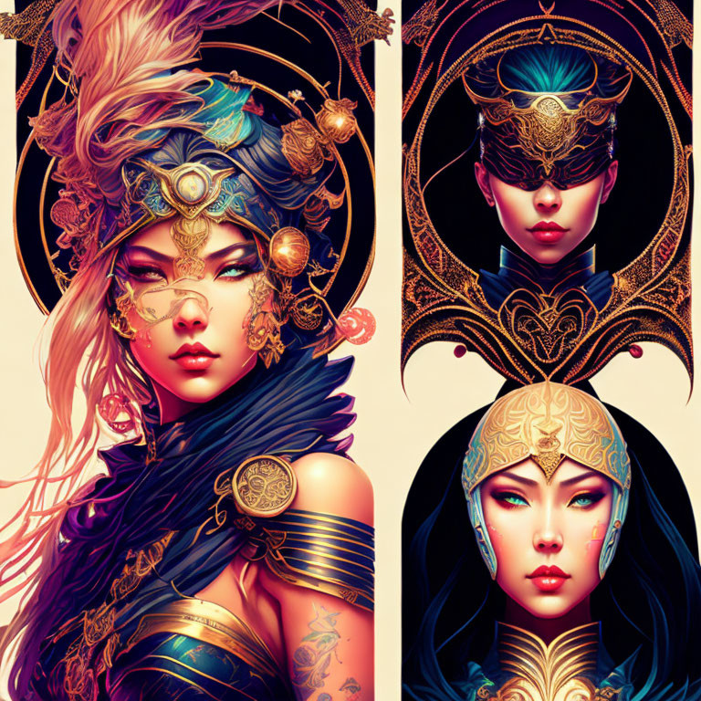 Four stylized illustrations of women with intricate gold headpieces, exuding mystical charm.