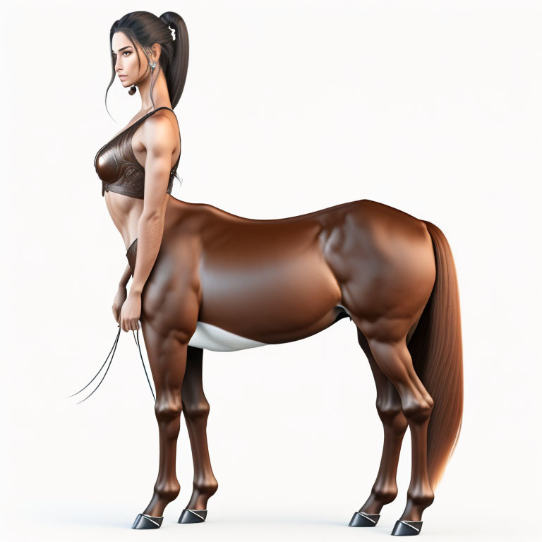 Surreal centaur illustration with woman's upper body and brown horse lower body