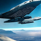 Futuristic spaceships soar over Earth's mountains amid clear sky