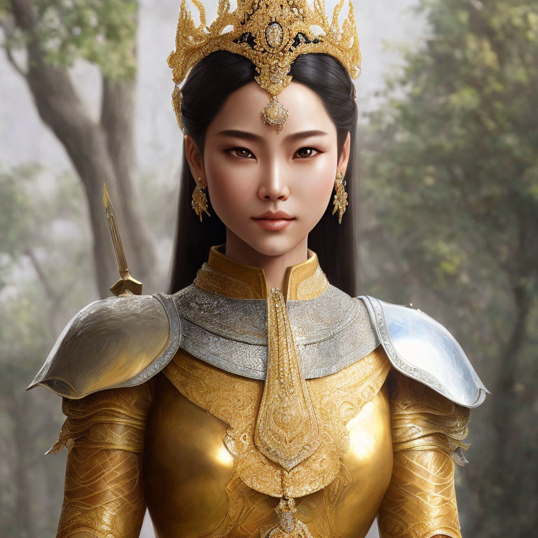 Regal character in golden armor with ornate headpiece in misty forest