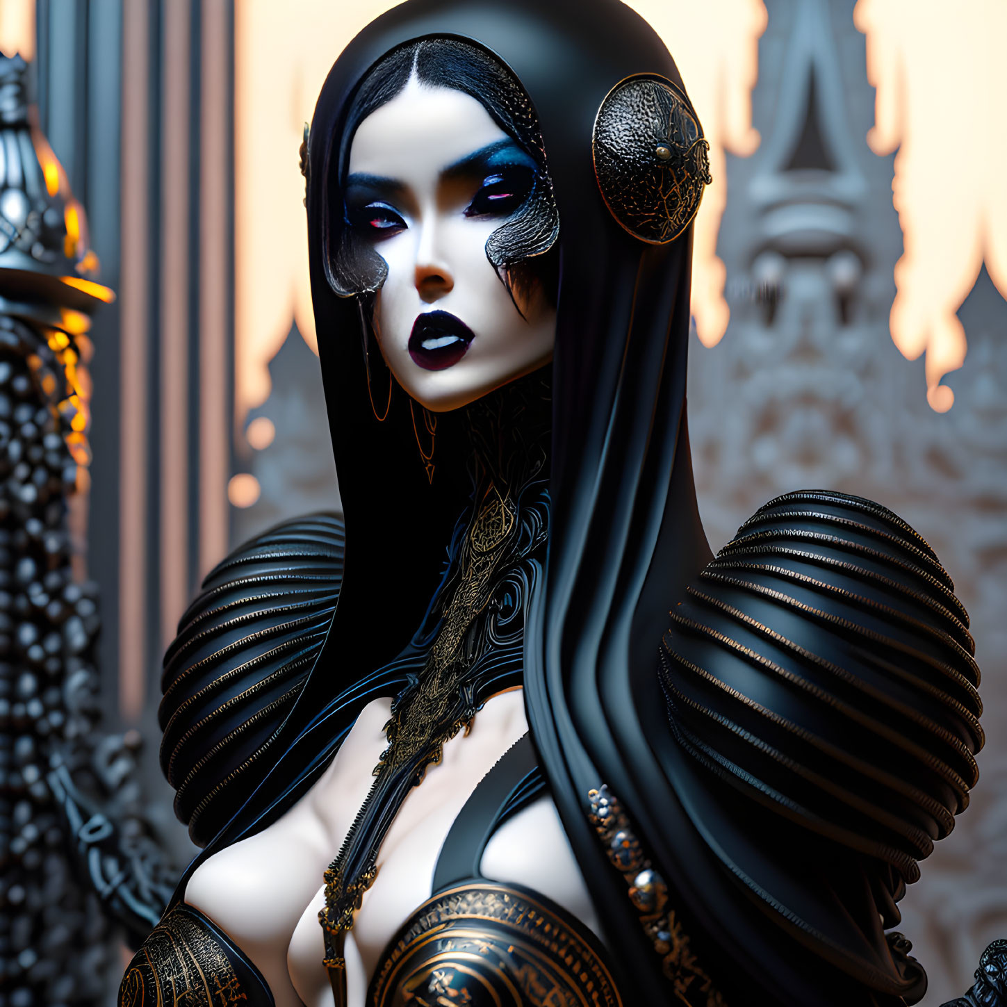 Gothic character with golden tattoos and jewelry in front of fantasy castle