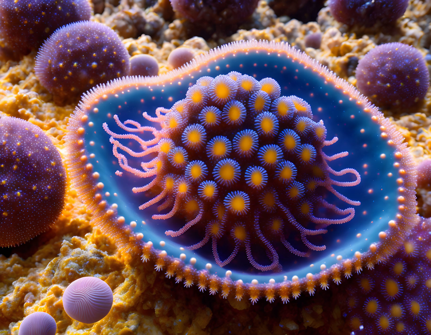 Vibrant purple, orange, and blue sea anemone on coral reef