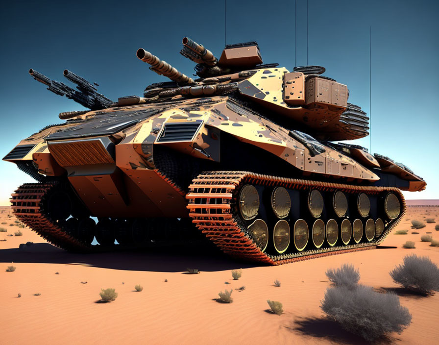 Futuristic multi-turreted tank with elaborate camouflage in desert.