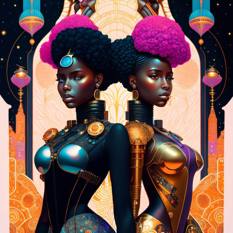 Stylized women with afro hairstyles and futuristic African-inspired jewelry in ornate celestial setting