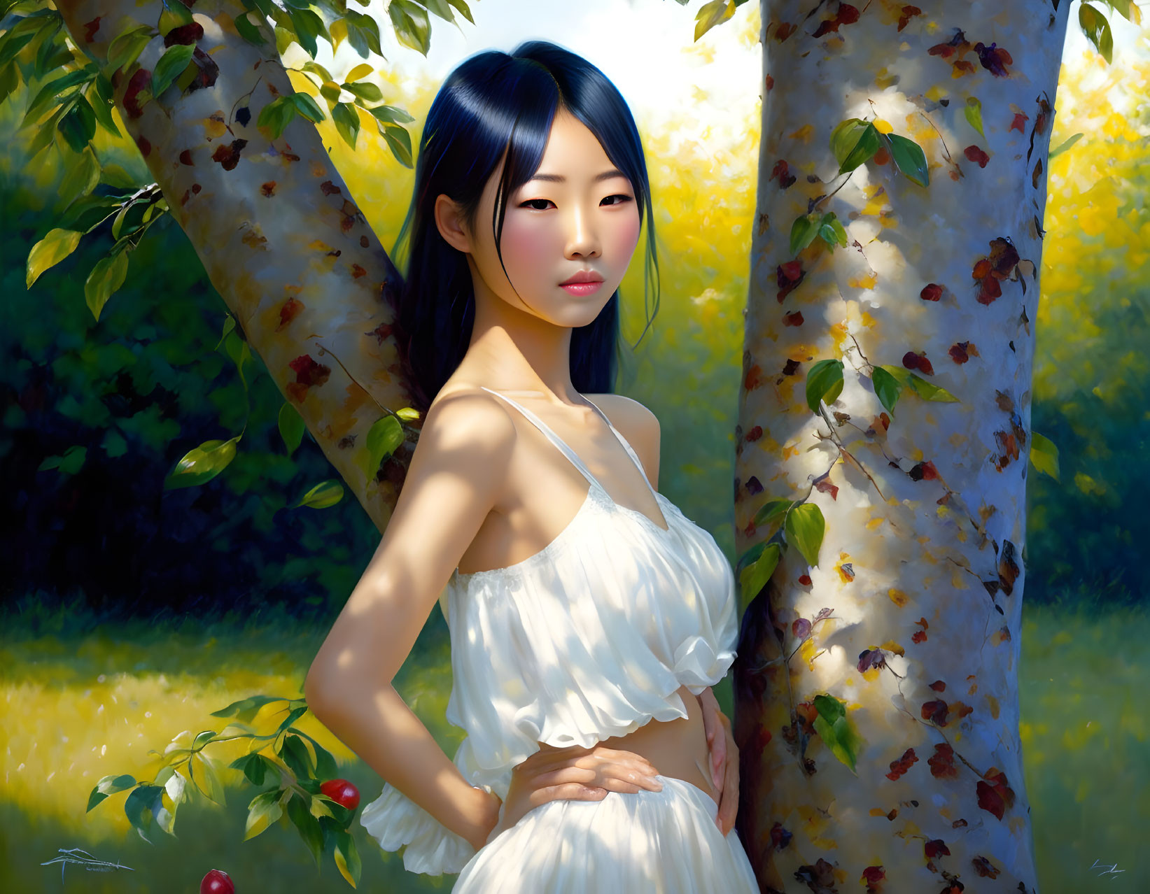 Woman in white dress between birch trees in sunlit grove