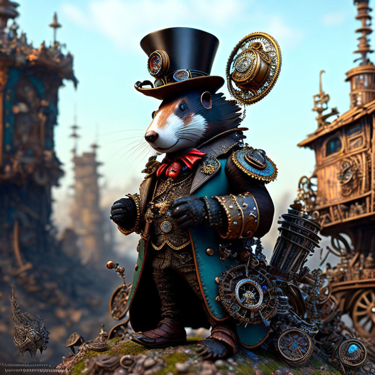 Steampunk-themed anthropomorphic badger in top hat and goggles.