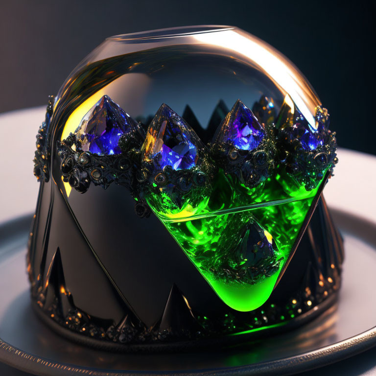 Futuristic helmet with glowing crystals on dark background