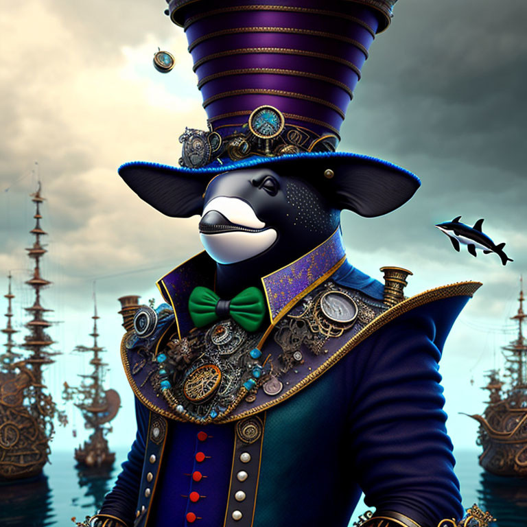 Whimsical steampunk anthropomorphic whale in suit and top hat with airships