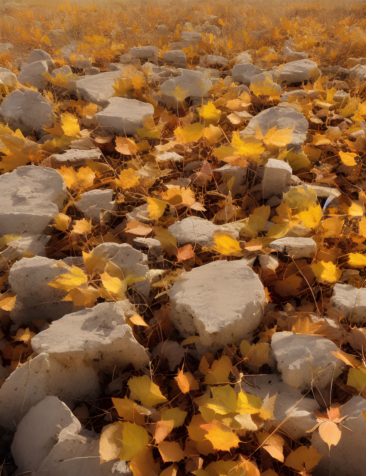 Sunlit Autumn Leaves Among Gray Rocks Scene