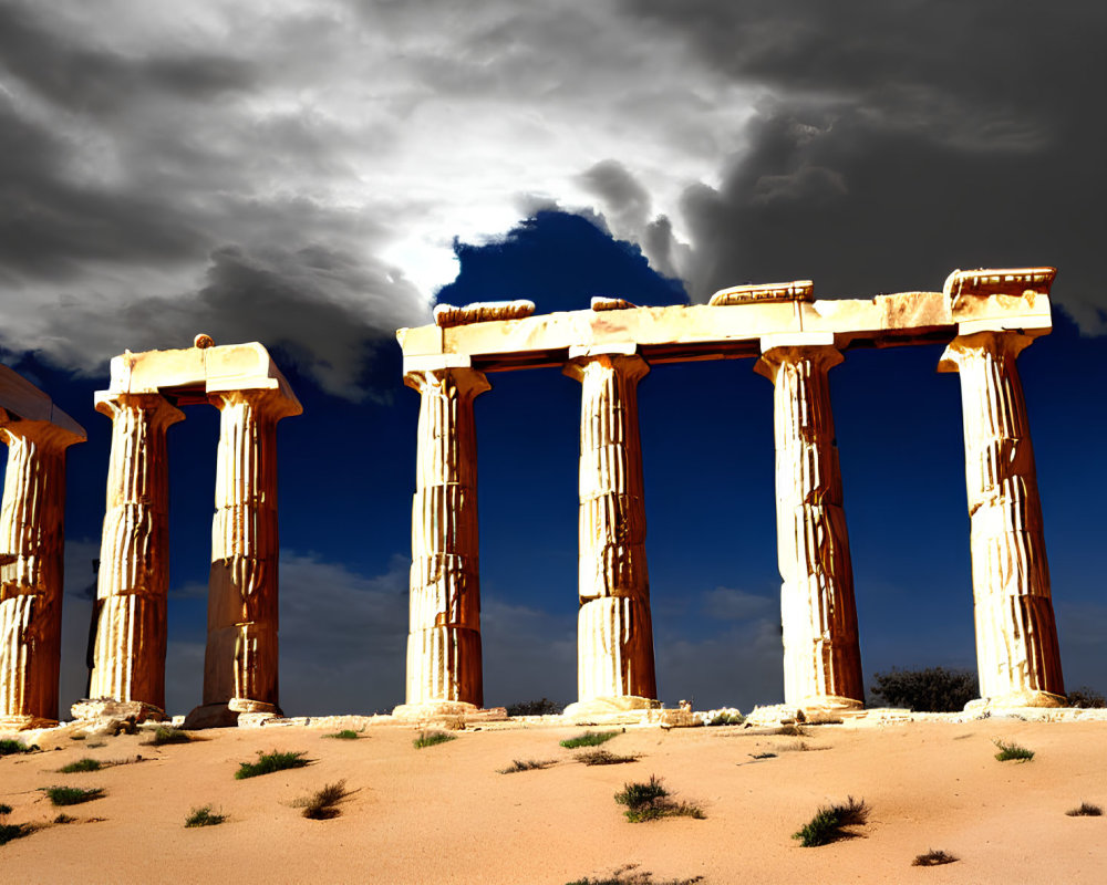 Ancient column ruins under dramatic sky in desert landscape