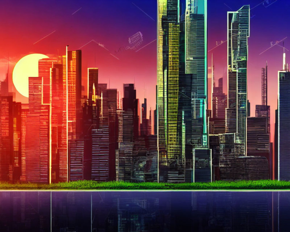 Futuristic city skyline at sunset with high-rises and cranes